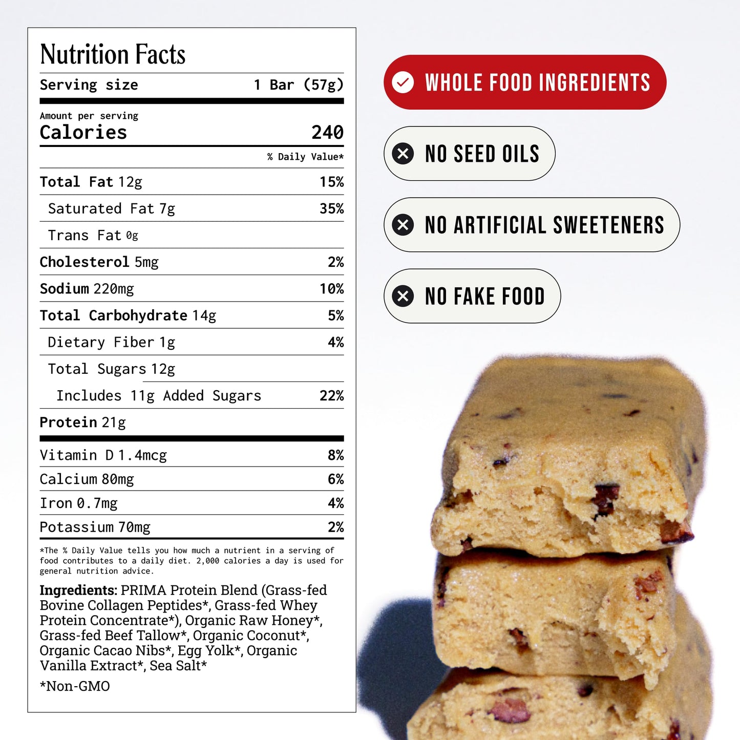 PRIMA Cookie Dough Protein Bar | 21g Grass Fed Whey and Collagen | No Seed Oils, No Preservatives, Raw Honey Sweetened | 7 Pack