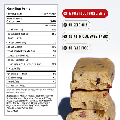 PRIMA Cookie Dough Protein Bar | 21g Grass Fed Whey and Collagen | No Seed Oils, No Preservatives, Raw Honey Sweetened | 7 Pack