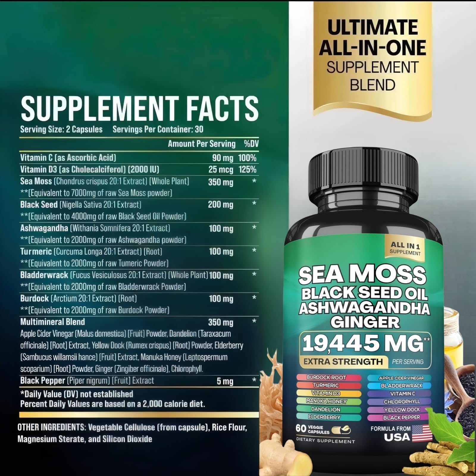 HealthyFinds Sea Moss Black Seed Oil Ashwagandha Ginger Capsules with Turmeric Bladderwrack Burdock & Vitamin C Vitamin D3 with Elderberry Manuka Dandelion Yellow Dock Iodine Chlorophyll ACV HealthyFindsBuy Supplements Australia