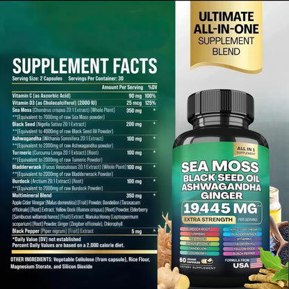 HealthyFinds Sea Moss Black Seed Oil Ashwagandha Ginger Capsules with Turmeric Bladderwrack Burdock & Vitamin C Vitamin D3 with Elderberry Manuka Dandelion Yellow Dock Iodine Chlorophyll ACV HealthyFindsBuy Supplements Australia