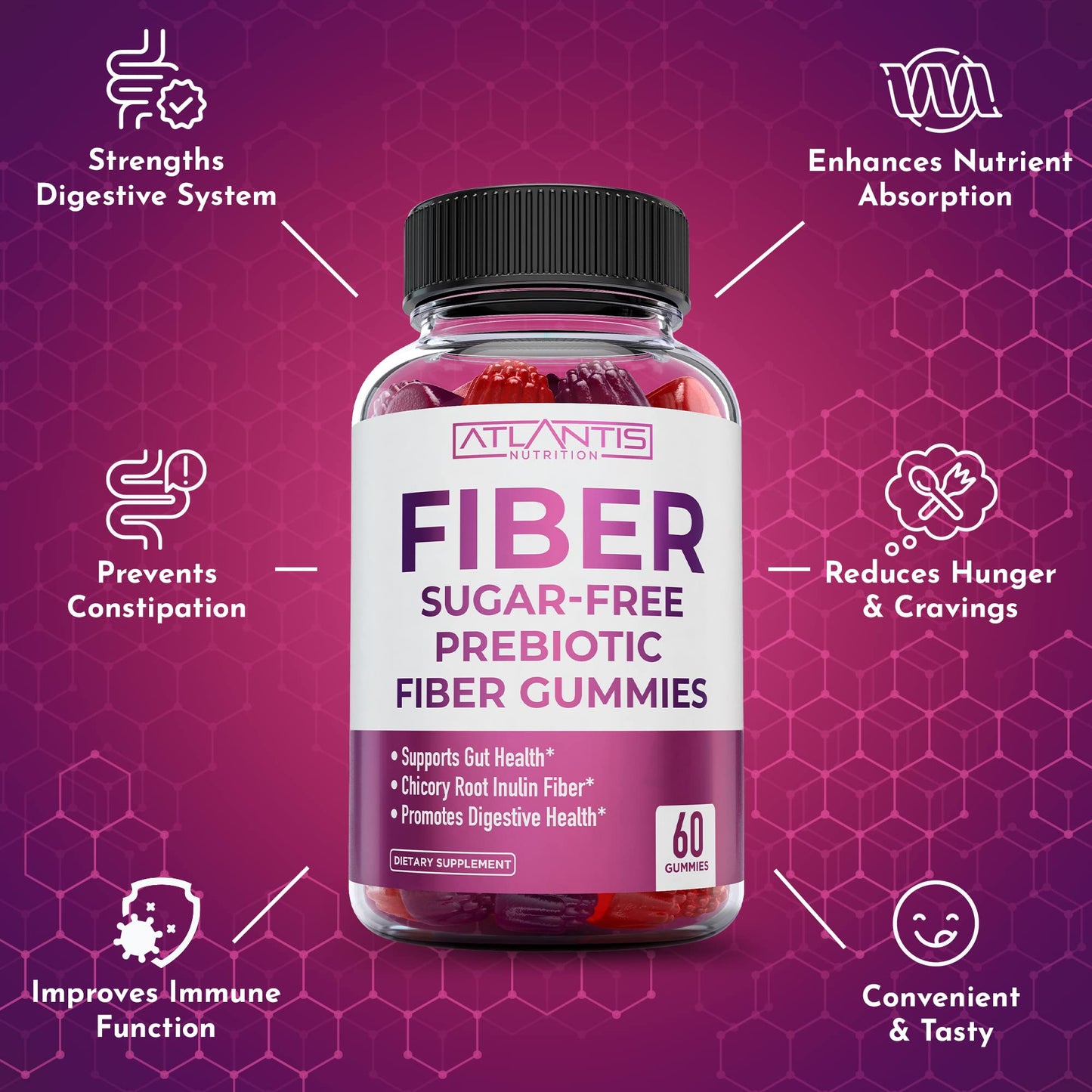 Atlantis Nutrition Sugar Free Fiber Gummies for Adults - 5G Fiber Supplement Formulated with 5.4G Prebiotic Digestive Blend/Serving - Supports Gut Health & Healthy Digestion