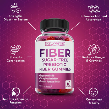Atlantis Nutrition Sugar Free Fiber Gummies for Adults - 5G Fiber Supplement Formulated with 5.4G Prebiotic Digestive Blend/Serving - Supports Gut Health & Healthy Digestion