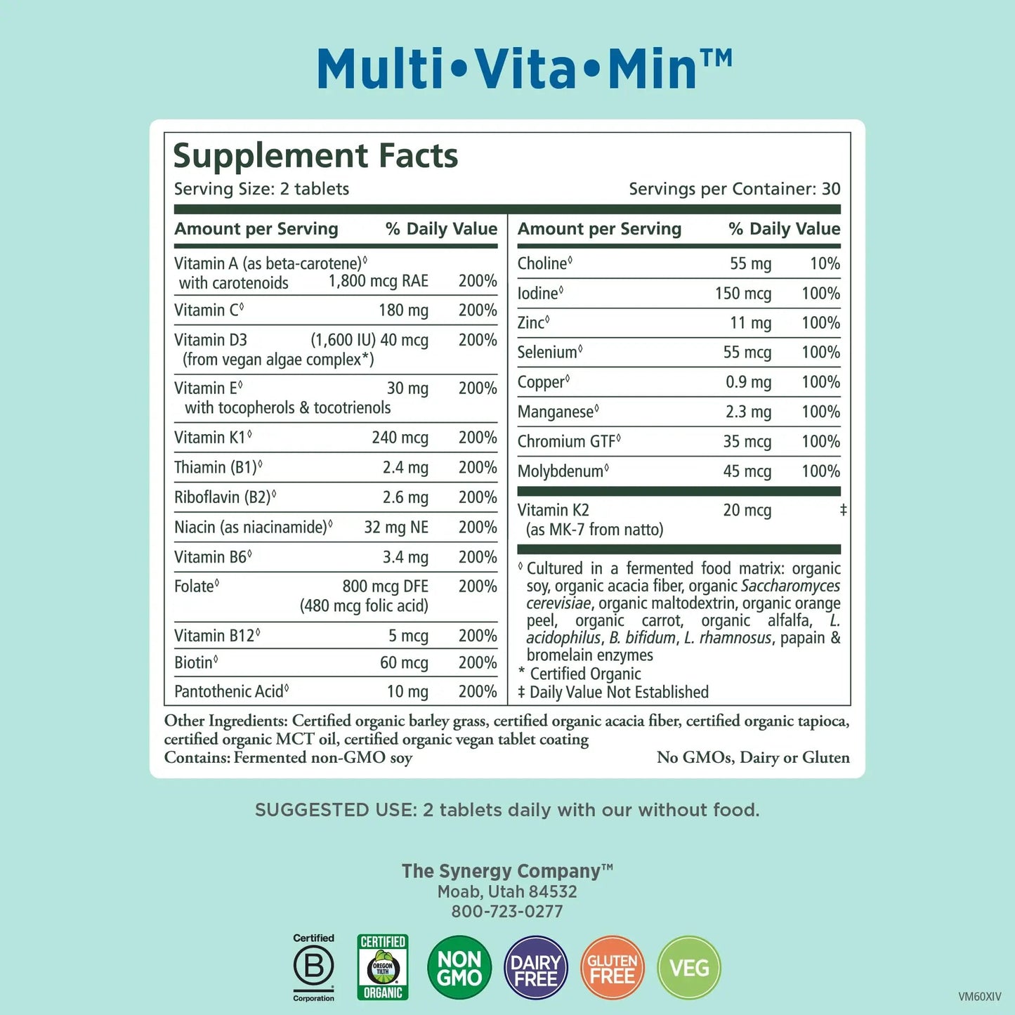 PURE SYNERGY Multi·Vita·Min | Vegan Multivitamin Made with Organic Whole Foods | Twice Daily Supplement for Men and Women PURE SYNERGY