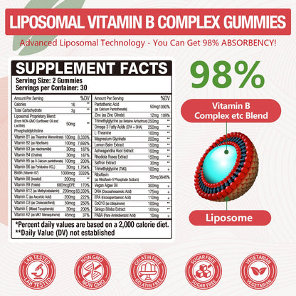 Blivsmlie 2 Pack 33-in-1 Liposomal Vitamin B Complex Gummies -B1, B2, B3, B4, B5, B6, B7, B8, B9,B12 | Vitamin C, D3,K2|Calcium,Magnesiun,Zinc etc.for Energy