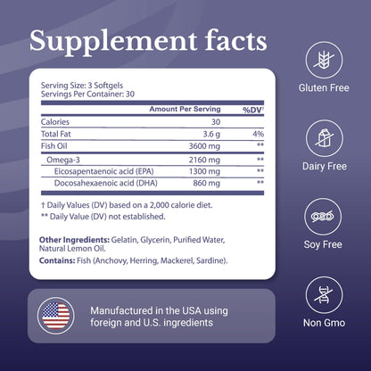 NATION HEALTH MD Omega-3 MD Fish Oil - Omega 3 Supplement for Women & Men - Wild-Caught & Burpless Fish Oil 3600 mg - with Omega3 Fatty Acid EPA 1300 mg + DHA 860 mg - 90 Softgels NATION HEALTH MD buy supplements Au