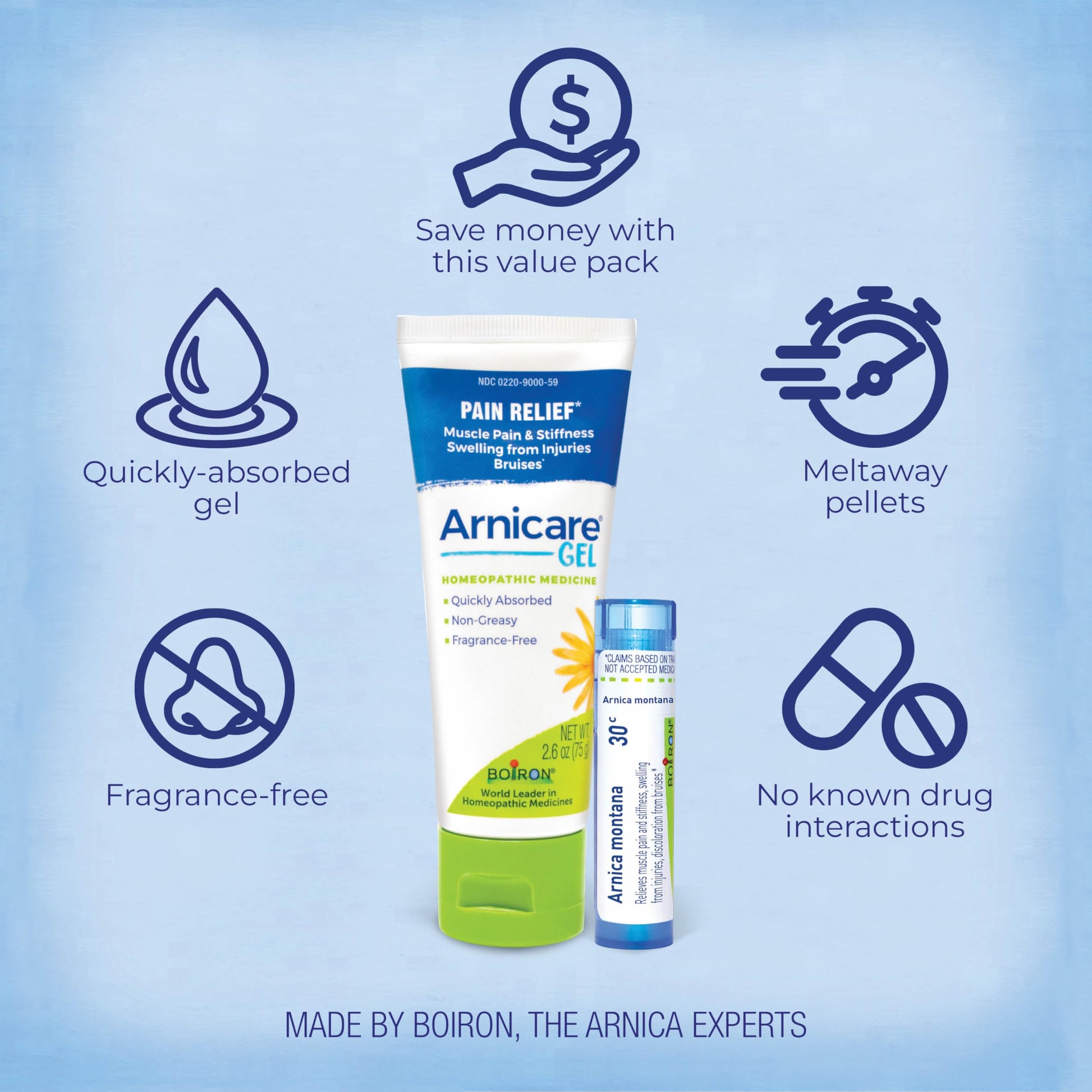 Boiron Arnicare Gel and Arnica 30c Value Pack for Pain Relief, Muscle Soreness, and Swelling from Bruising or Injury - 2.6 oz + 80 Pellet Tube BoironBuy Supplements Australia