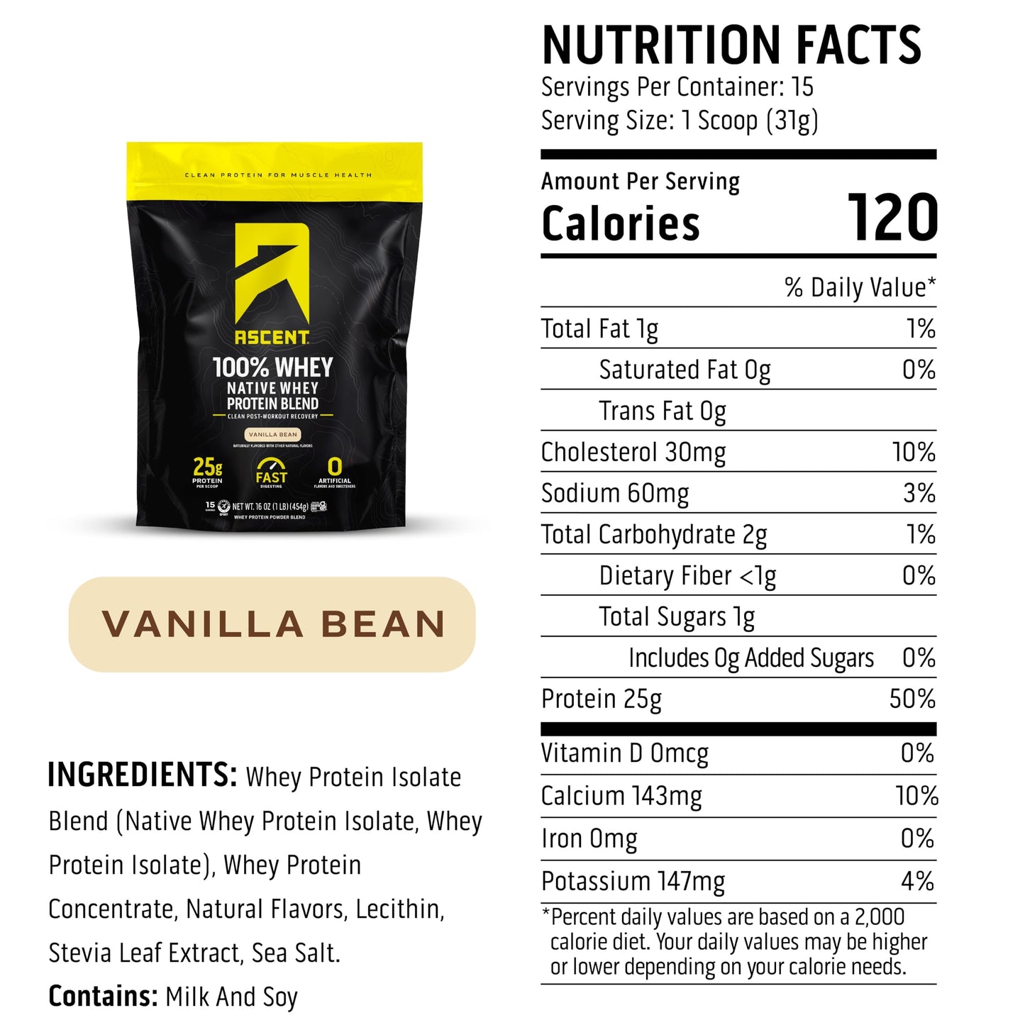 Ascent 100% Whey Protein Powder - Post Workout Whey Protein Isolate, Zero Artificial Flavors & Sweeteners, Gluten Free, 5.5g BCAA,
