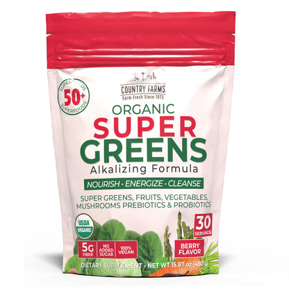 Country Farms Super Greens Berry Flavor, 50 Organic Super Foods, USDA Organic Drink Mix (Wheat Grass, Spirulina, Chlorella) Mushrooms & Probiotics, with Fiber, Gut Health, Natural Energy, 30 Servings Country Farms buy supplements Au