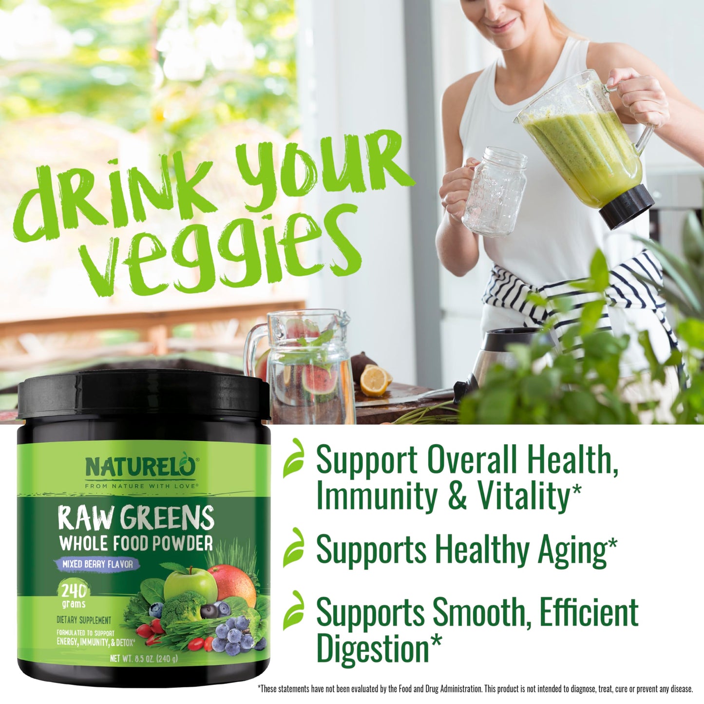 NATURELO Raw Greens Superfood Powder 240 Grams, Mixed Berry - Supports Energy, Immunity and Detox - Includes Spirulina, Wheat Grass and Organic Greens for Whole Food Nutrition