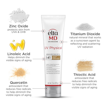 EltaMD UV Physical Tinted Mineral Sunscreen for Face SPF 41, 100% Mineral Actives Tinted Face Lotion, Water Resistant, Paraben-Free