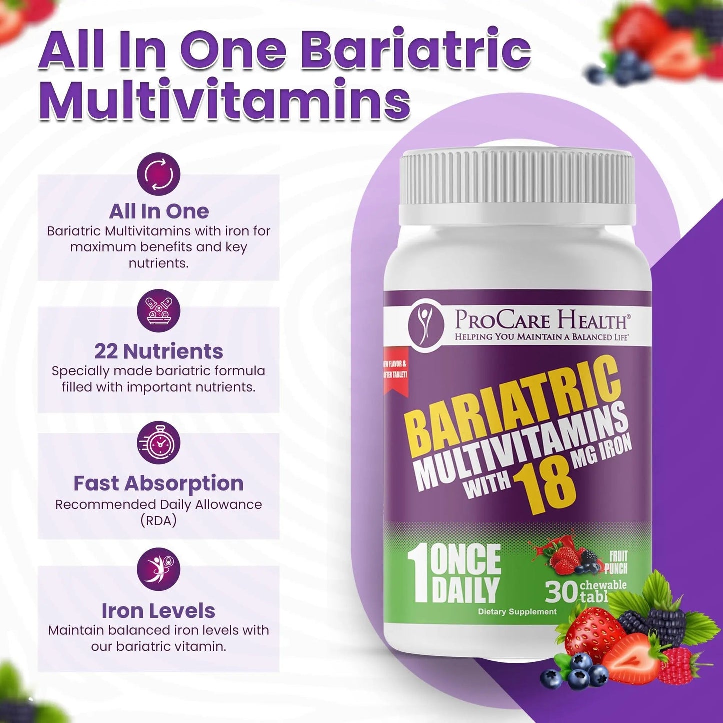 ProCare Health Bariatric Chewable Multivitamin with Iron 18mg (30 Tablets) - Fruit Punch Flavor Bariatric Multivitamin Chewable ProCare Health