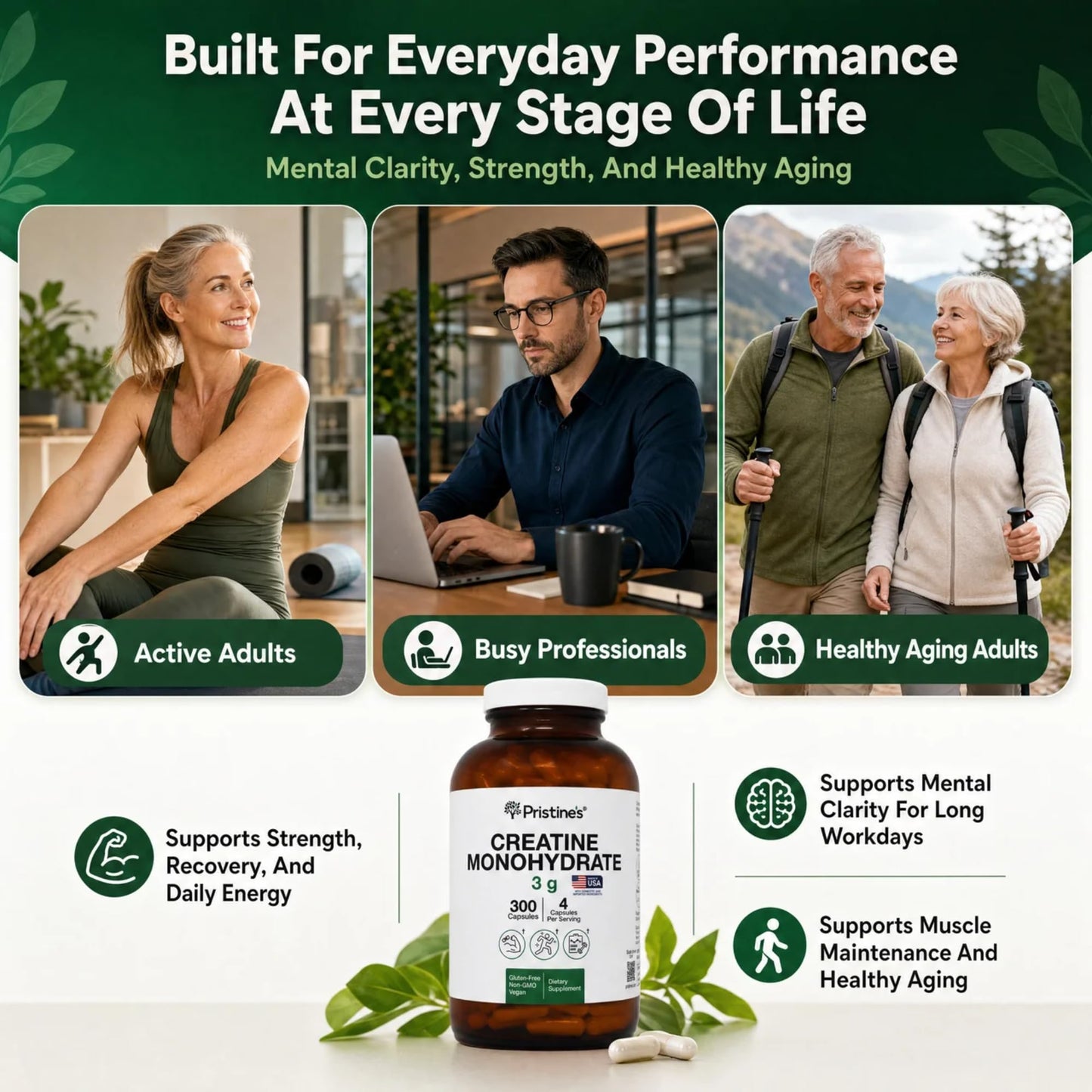 PRISTINE'S Creatine Monohydrate Capsules for Women & Men - NSF Certified 75 Day Supply 3G Creatine Pills for Women - Cognitive & Athletic Performance Support