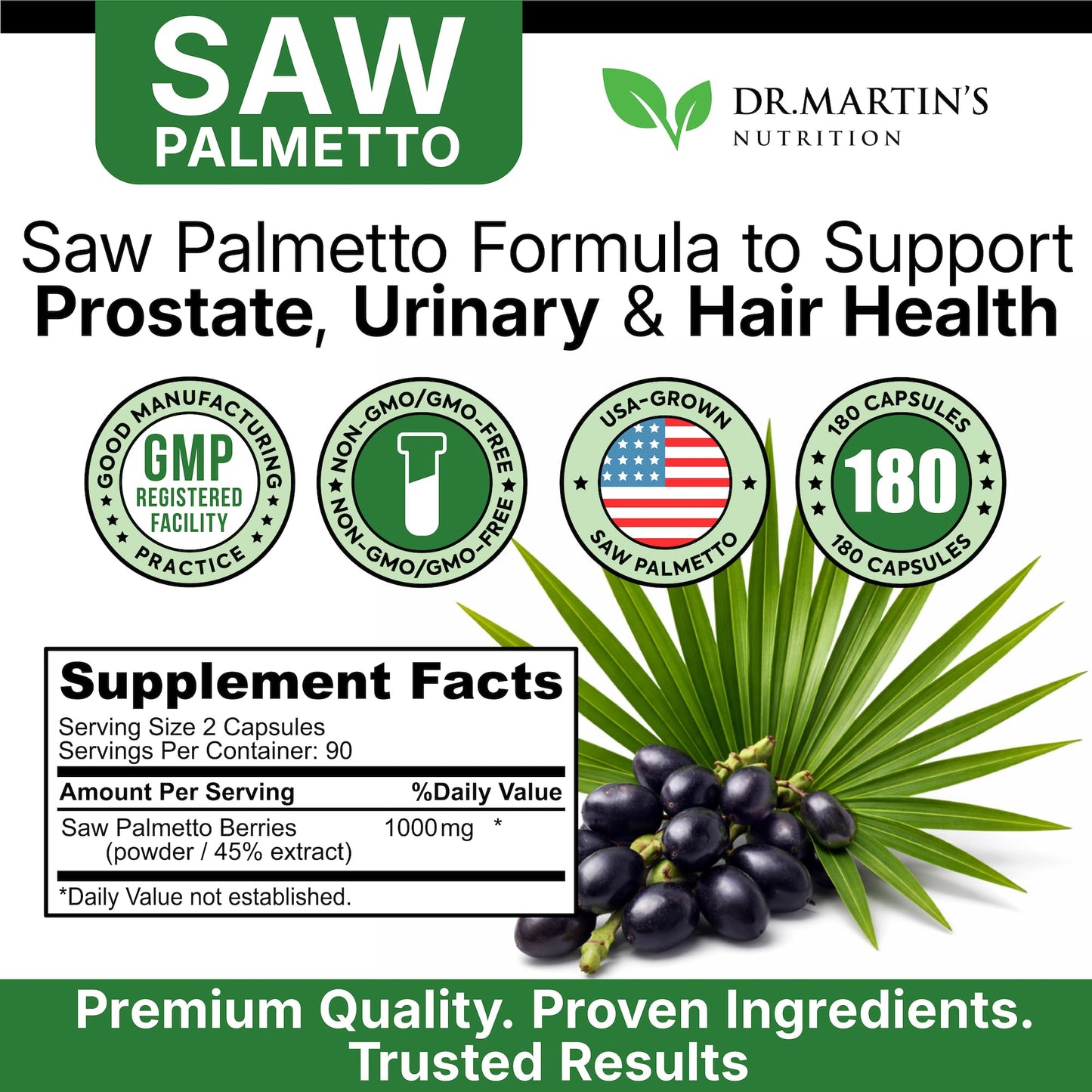 USA Grown Saw Palmetto | 180 Capsules Prostate Health Supplement | Hair Growth for Men & Women | Support to Help Maintain Normal Urination Frequency