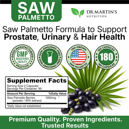 USA Grown Saw Palmetto | 180 Capsules Prostate Health Supplement | Hair Growth for Men & Women | Support to Help Maintain Normal Urination Frequency