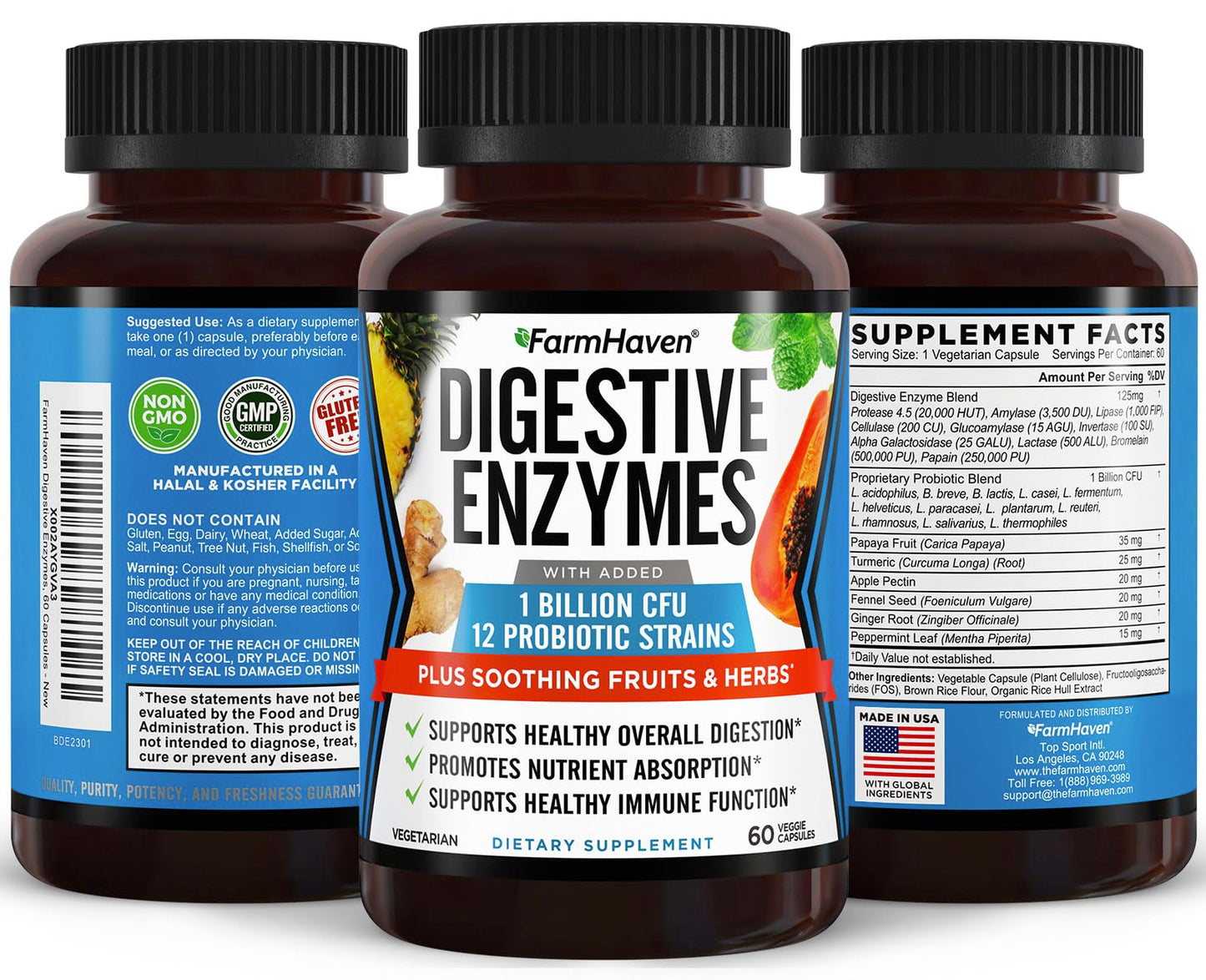FarmHaven Digestive Enzymes with 18 Probiotics & Herbs | Papaya, Bromelain, Protease & More for Lactose Absorption & Better Digestion | Helps Bloating