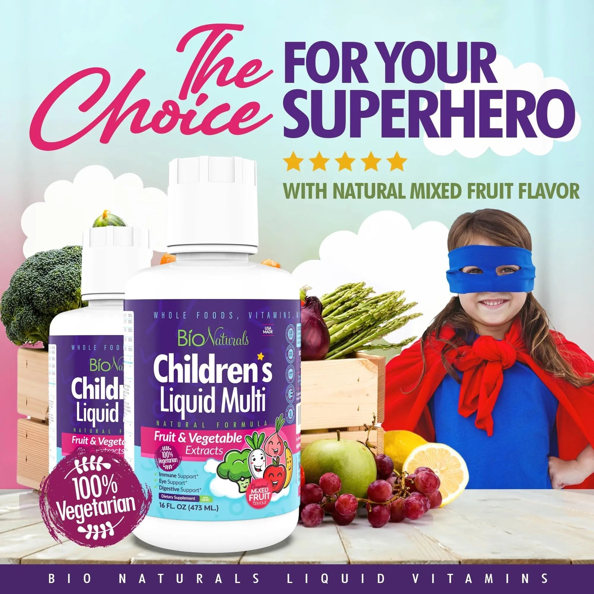 Bio Naturals Children's Liquid Multivitamin & Immune Booster - Natural Supplement for Kids & Toddlers with Vitamins A B C D3 E, Fiber Bio Naturals