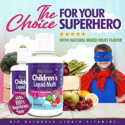 Bio Naturals Children's Liquid Multivitamin & Immune Booster - Natural Supplement for Kids & Toddlers with Vitamins A B C D3 E, Fiber Bio Naturals