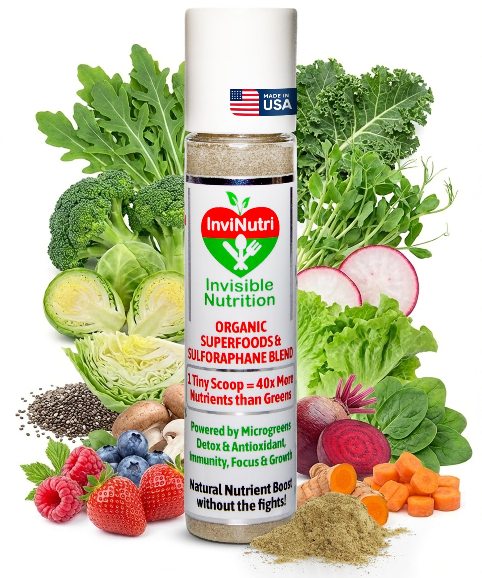 InviNutri Superfood Powder for Sensory & Picky Eaters. A TINY scoop- 40x Nutrient-Rich, 30mg Sulforaphane for Detox. Organic Microgreens, Fruits & Veggies - Blends Invisibly into Most Meals - 24 serv. InviNutri Invisible NutritionBuy Supplements Australia