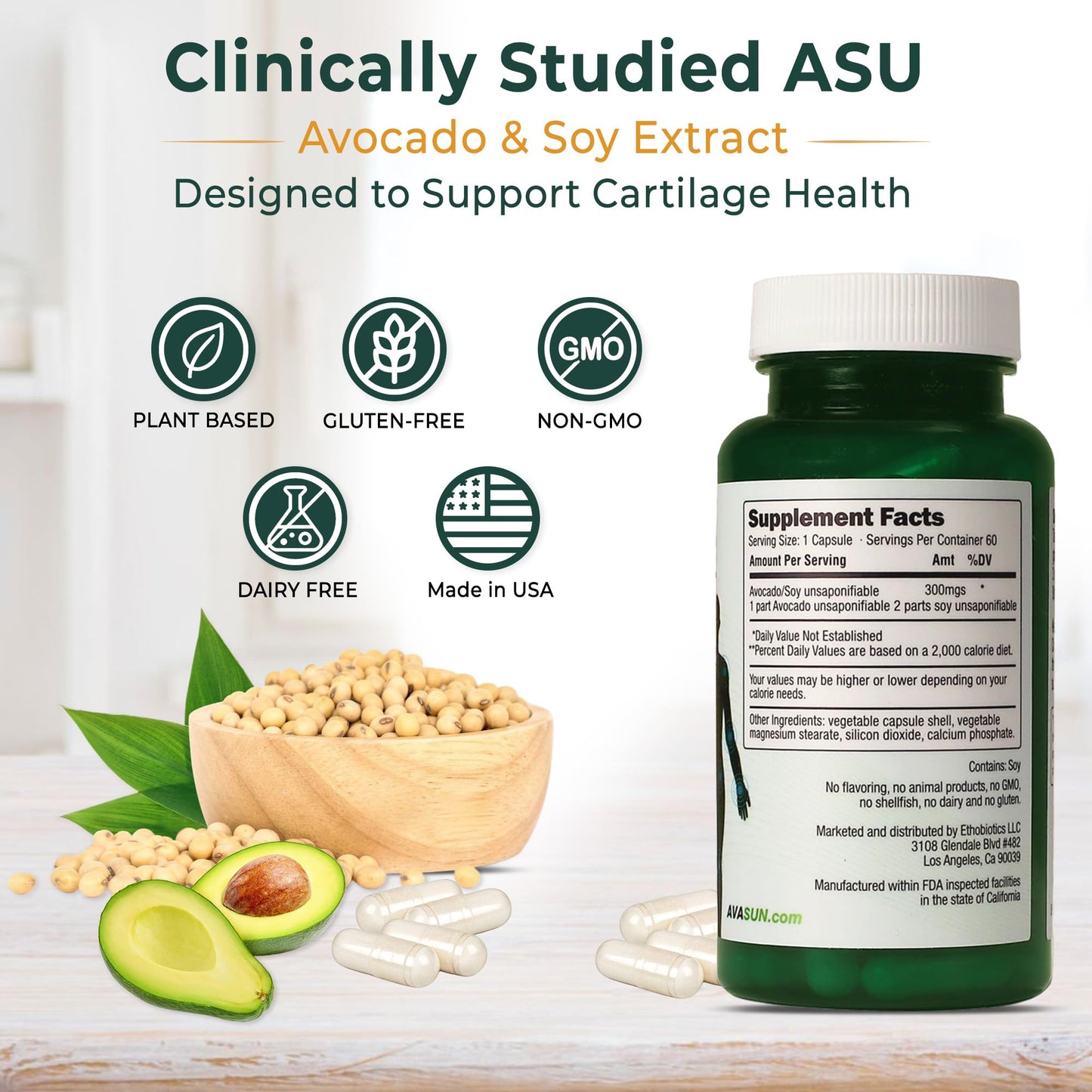 ASU Joint Support Supplement – 300mg Avocado Soy Unsaponifiables for Joint Comfort, Mobility & Cartilage Health, Clinically Studied, Plant-Based, Non-GMO, Gluten-Free, 60 Capsules (6 Month Supply) AvaSunBuy Supplements Australia