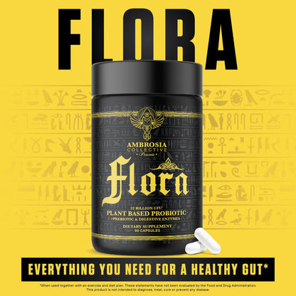 Ambrosia Flora Digestive Enzymes with Probiotics & Prebiotics | 32 Billion CFU Gut Health Supplement | Plant Based, Vegan Probiotic | 60 Veggie Capsules (30 Servings)