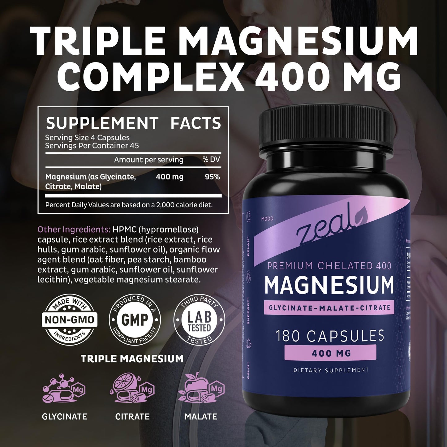 Zeal Naturals Triple Magnesium Complex Supplement - Glycinate, Malate, Citrate | 400mg, 180 Capsules | High Absorption Chelated Magnesium for Sleep, Mood, Muscle Recovery, Relaxation Zeal Naturals buy supplements Au