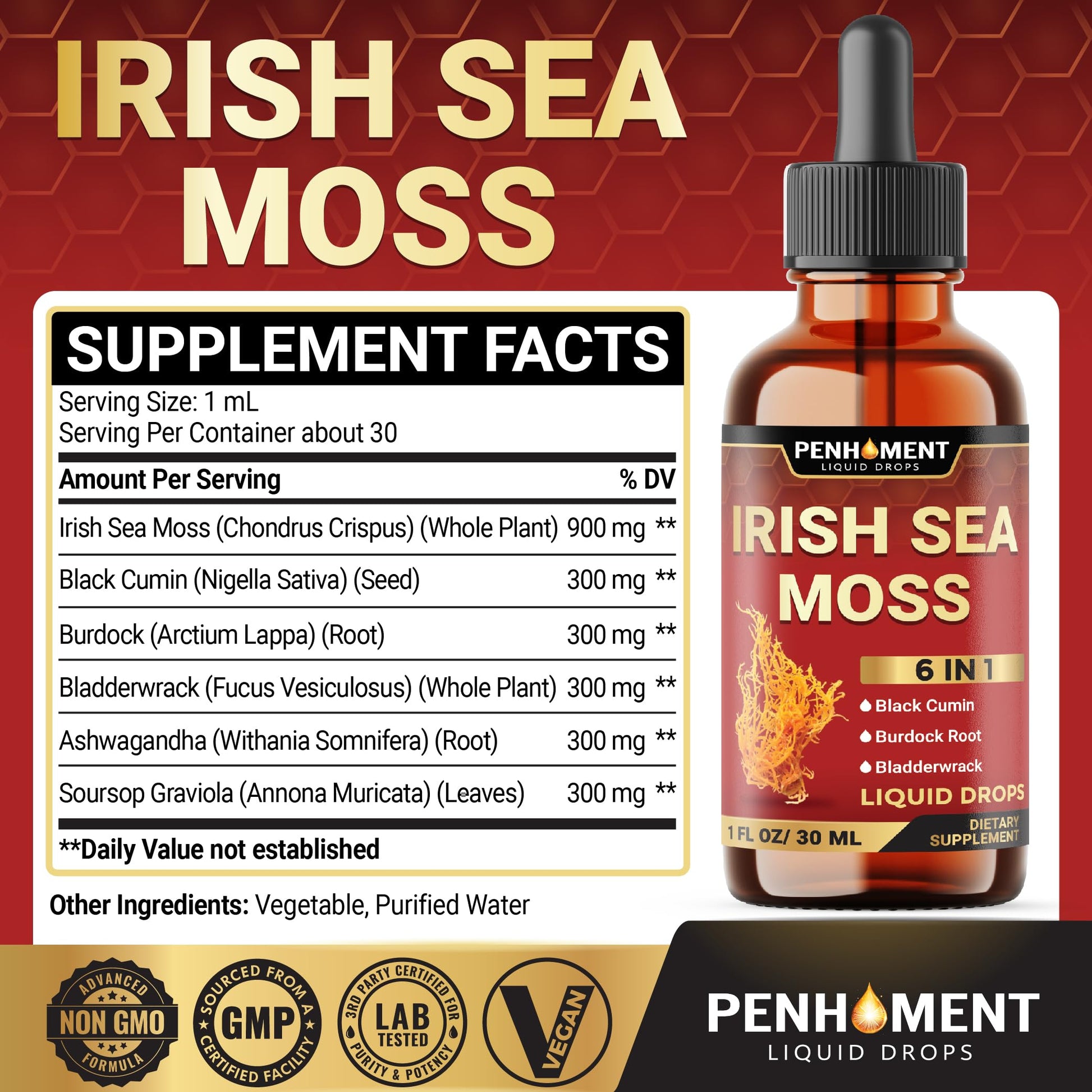 Penhoment 6in1 Sea Moss Drops with Black Seed Oil Irish Seamoss, Ashwagandha, Burdock Root & Bladderwrack - 1FL Oz - 30 Day Supply Penhoment buy supplements Au
