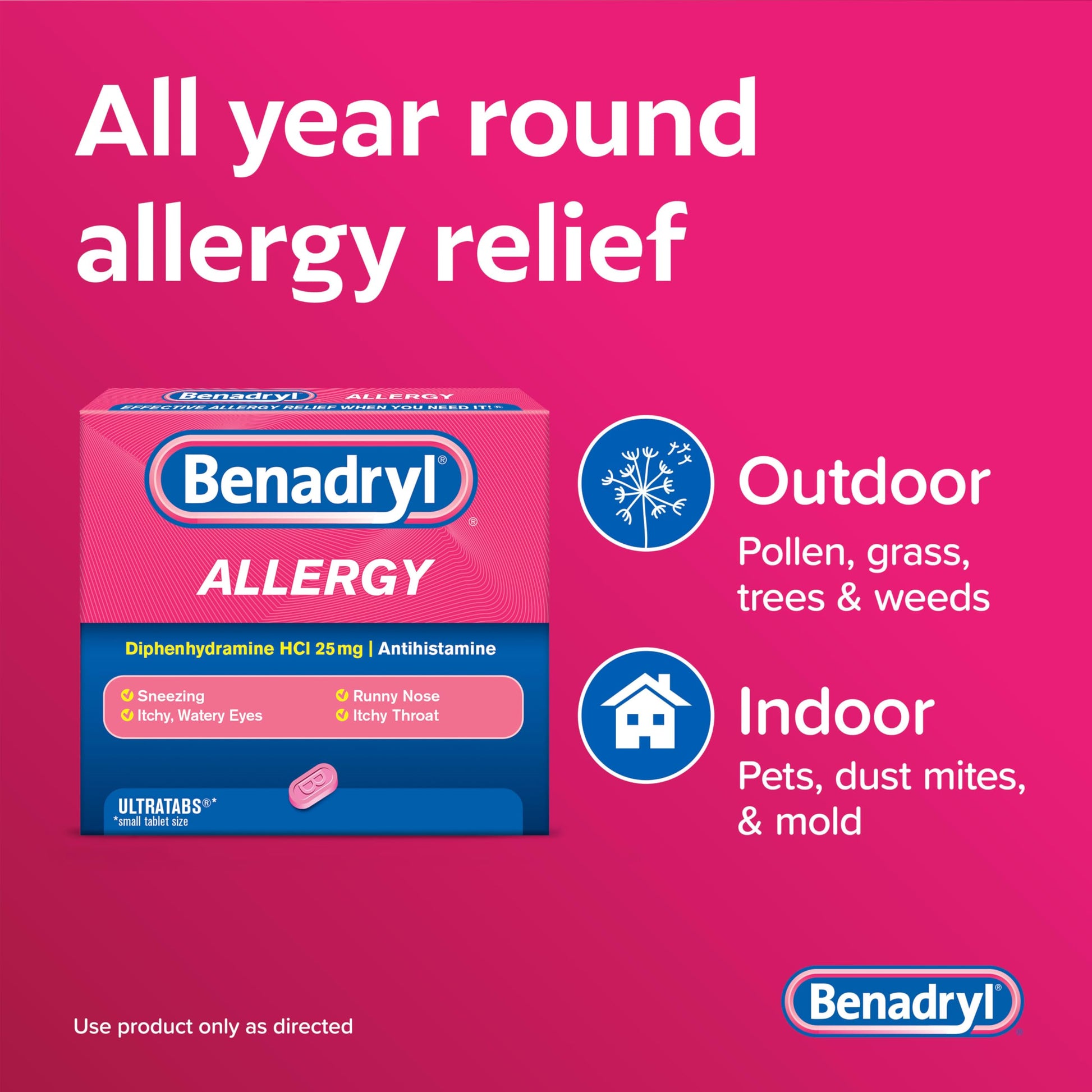 Benadryl Ultratabs Allergy Relief Medicine, 25 mg Diphenhydramine HCl Antihistamine Tablets For Relief of Cold & Allergy Symptoms Like Sneezing, Runny Nose, & Itchy Eyes & Throat, 24 ct Benadryl buy supplements Au