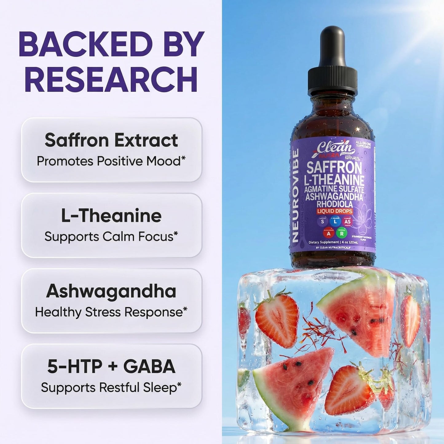 Saffron Supplements Liquid Drops L-Theanine Agmatine Sulfate Ashwagandha Magnesium Glycinate B6 Magnesium Stress Relief Mood Support 5-HTP GABA Supplement Vitamin D 4oz by Clean Nutra