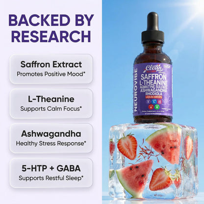 Saffron Supplements Liquid Drops L-Theanine Agmatine Sulfate Ashwagandha Magnesium Glycinate B6 Magnesium Stress Relief Mood Support 5-HTP GABA Supplement Vitamin D 4oz by Clean Nutra