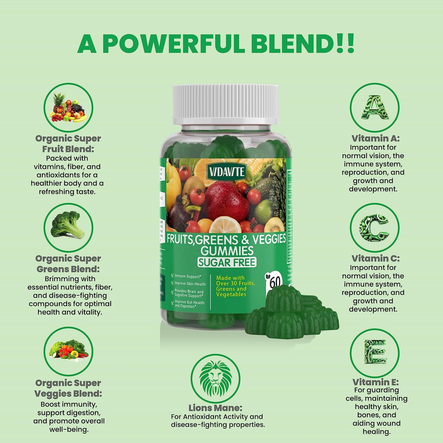 VIDAVITE Sugar-free Super Greens Gummies — US-Made, 35+ Fruit and Veggie gummies to Boost Immunity, Skin & Gut Health — Ideal Fruits and Vegetables Supplement for Adults & Picky Teens (30-Days Supply) VIDAVITEBuy Supplements Australia
