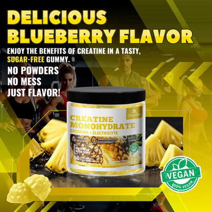 GlucoBio Creatine Monohydrate Gummies (5g) – Pre-Workout Energy & Muscle Growth Support for Men & Women | Pineapple Electrolyte Gummies (135 Count)
