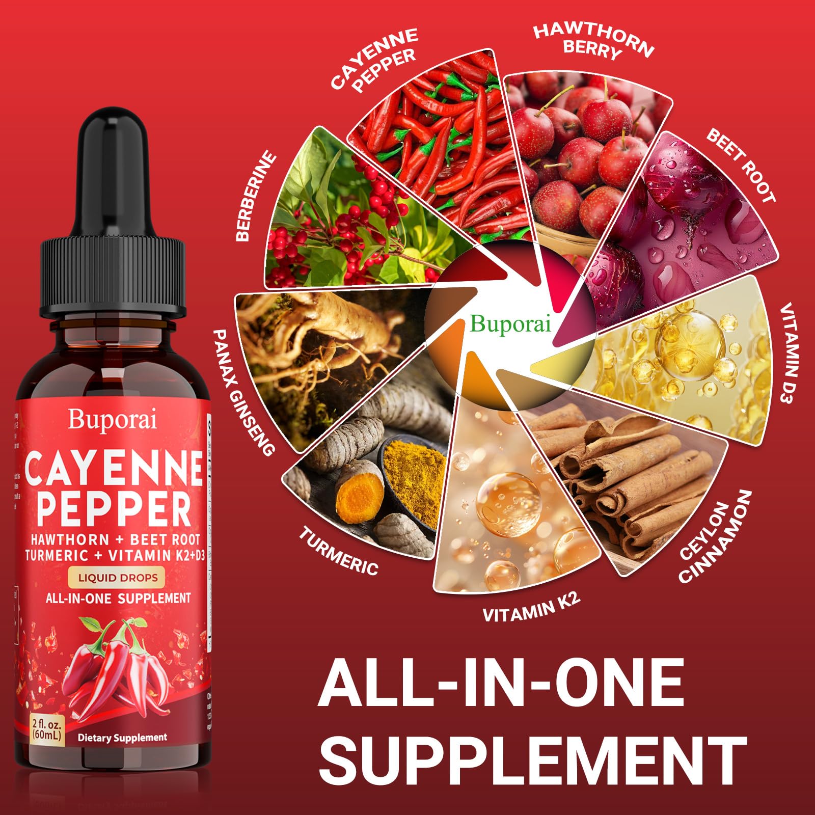 Buporai Cayenne Pepper Drops, Cayenne Pepper Extract Liquid Supplement for Overall Well-Being, 2 fl oz, Vitamin D3 K2 Beet Root Powder BuporaiBuy Supplements Australia