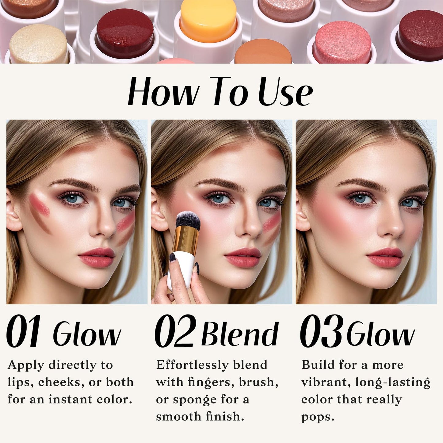 KIMUSE Face Sticks Trio, Cream Blush Stick & Highlighter Stick & Contour Stick for Sculpt the Cheeks, Long Lasting Cream Contour Stick Trio for Face Makeup, with Brush KIMUSEBuy Supplements Australia