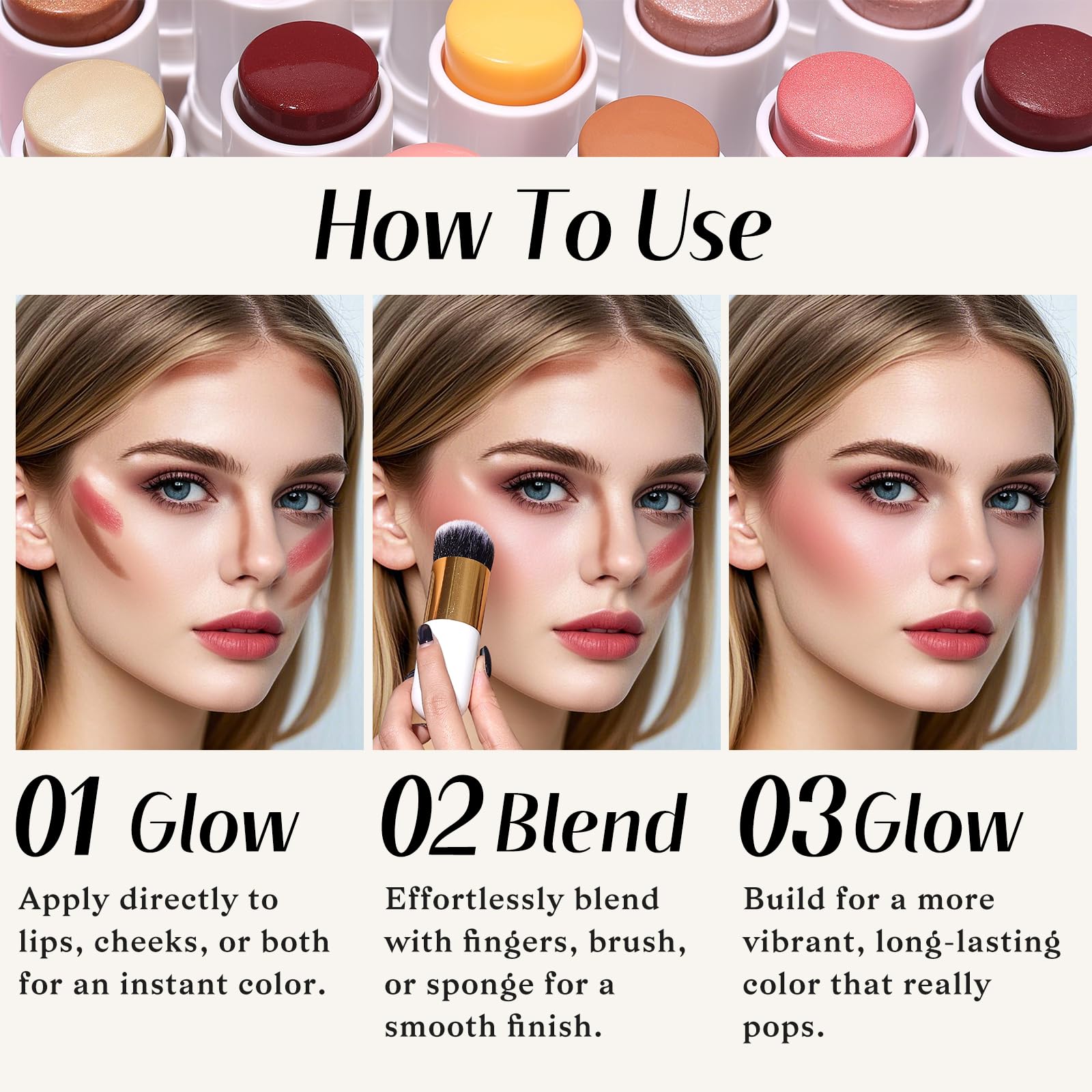 KIMUSE Face Sticks Trio, Cream Blush Stick & Highlighter Stick & Contour Stick for Sculpt the Cheeks, Long Lasting Cream Contour Stick Trio for Face Makeup, with Brush KIMUSEBuy Supplements Australia
