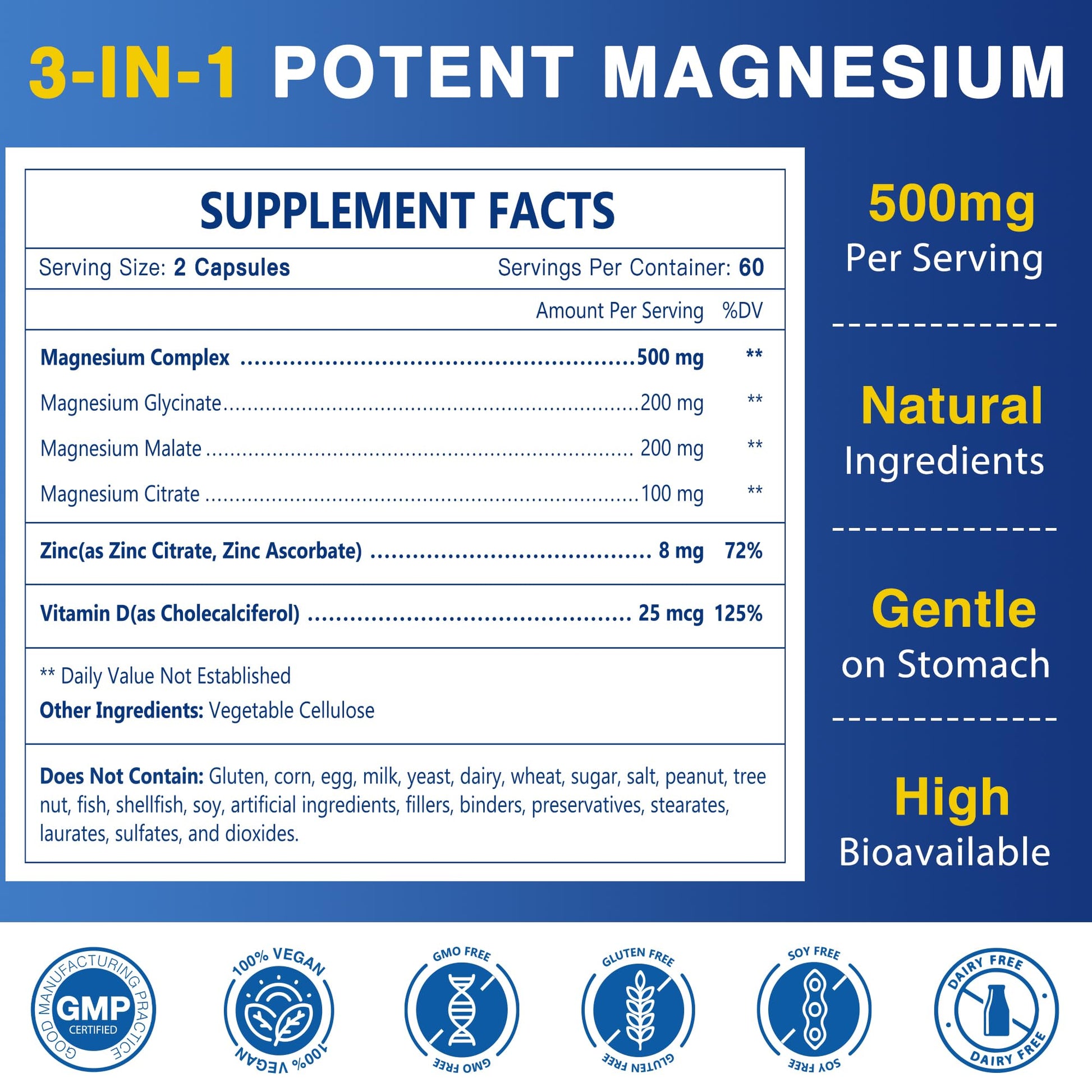 Magnesium Complex 500mg, Magnesium Glycinate, Malate & Citrate - High Absorption Chelated Triple Magnesium Supplement with Zinc, Vitamin D3 for Muscle, Nerve, Bone & Immune Support, Vegan 120 Capsules NATURE TARGET buy supplements Au