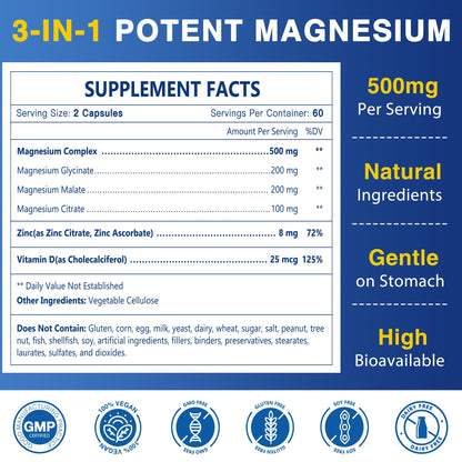 Magnesium Complex 500mg, Magnesium Glycinate, Malate & Citrate - High Absorption Chelated Triple Magnesium Supplement with Zinc, Vitamin D3 for Muscle, Nerve, Bone & Immune Support, Vegan 120 Capsules NATURE TARGET buy supplements Au