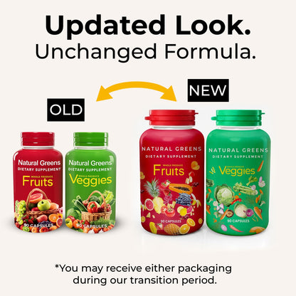 Fruits and Veggies Whole Produce Dietary Supplement with Superfood Fruits and Vegetables for Men, Women and Kids, 90 Fruit Capsules, 90 Veggie Capsules - 1 Set NATURAL GREENSBuy Supplements Australia