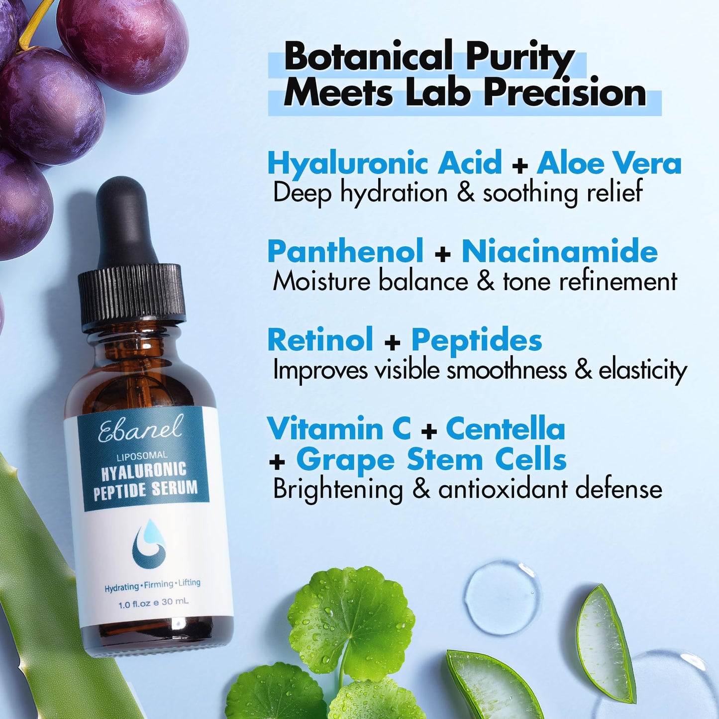 Ebanel Hyaluronic Acid Serum for Face with Peptides & Niacinamide, Hydrating Face Serum for Women, Age-Defying Formula Infused with Vitamins B, C & E to Plump, Firm & Smooth Skin