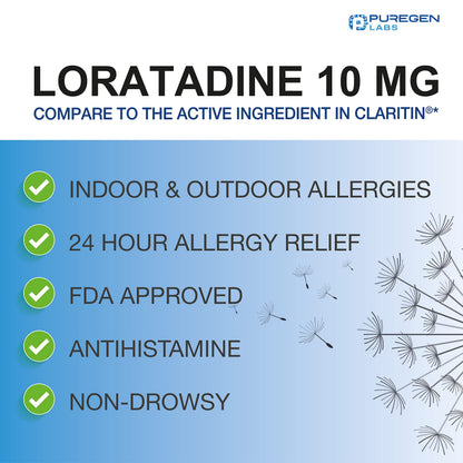Puregen Labs Allergy Relief, Loratadine 10mg, 100 Tablets – 24 Hour Non-Drowsy Antihistamine Allergy Medicine for Runny Nose, Sneezing, Itchy, Watery Eyes P Puregen Labs buy supplements Au