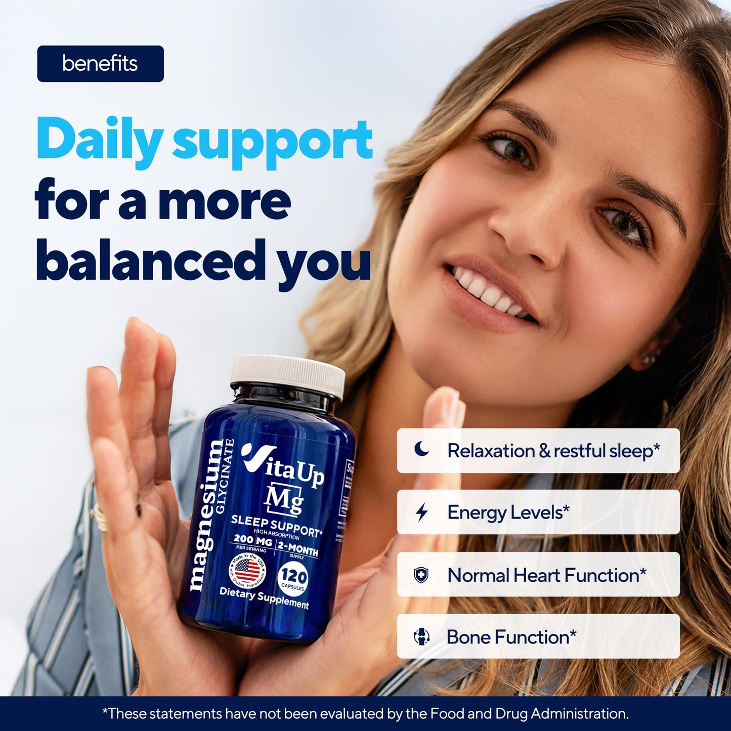 VitaUp Magnesium Glycinate 200mg - USA Made, Highly Absorbed, Non-GMO Magnesium for Relaxation, Deep Sleep, Bones & Heart - 200mg per Serving, 120 Vegan Capsules VitaUpBuy Supplements Australia