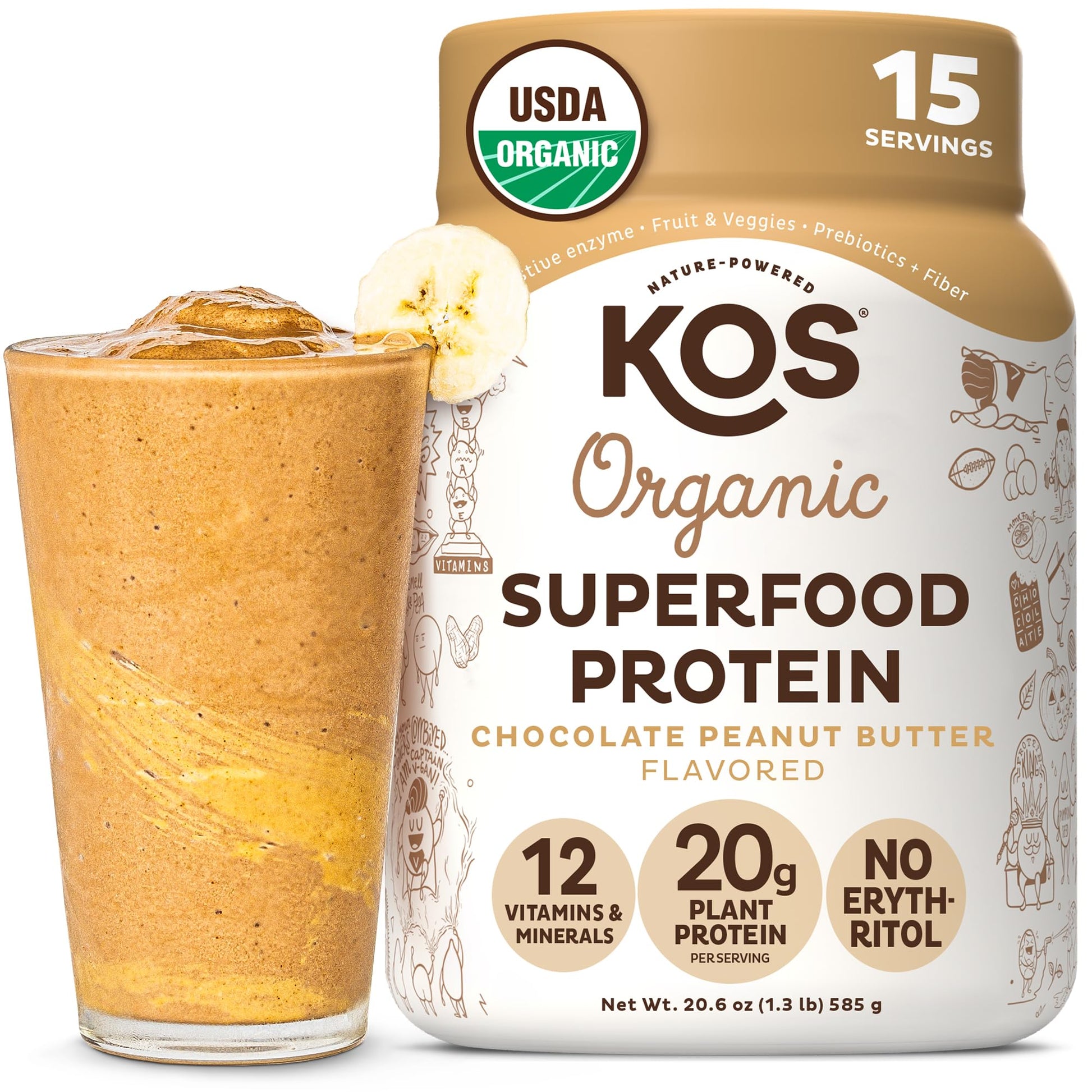 KOS Organic Plant Based Protein Powder, Chocolate Peanut Butter - Delicious Vegan Protein Powder - Keto Friendly, Gluten Free, Dairy Free & Soy Free - 15 Servings KOS buy supplements Au