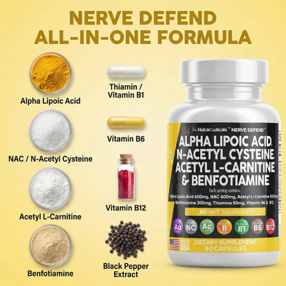 Alpha Lipoic Acid 600mg N-Acetyl Cysteine 600mg Acetyl L-Carnitine 500mg Benfotiamine 300mg - Nerve Support Supplement for Women and Men