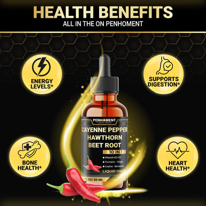 Penhoment 2 Packs - 2700 mg 10in1 Cayenne Pepper Liquid Drops with Hawthorn Berry, Vitamin D3 K2, Beet Root, Ginger Turmeric, Ginger, Ceylon Cinnamon, Berberine, and Ginseng - 2 Months Penhoment buy supplements Au