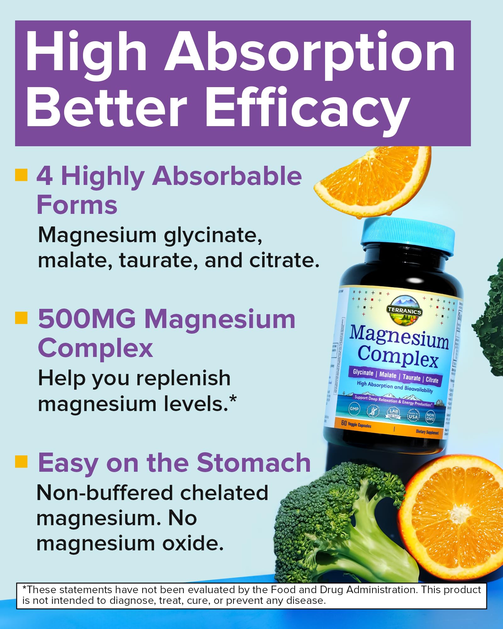 Terranics Magnesium Complex 500mg, Glycinate, Malate, Taurate, Citrate, Chelated Purified Easily Absorbed Magnesium Supplement for Sleep, Heart, Energy, Digestion Support, 60 Capsules Terranics buy supplements Au