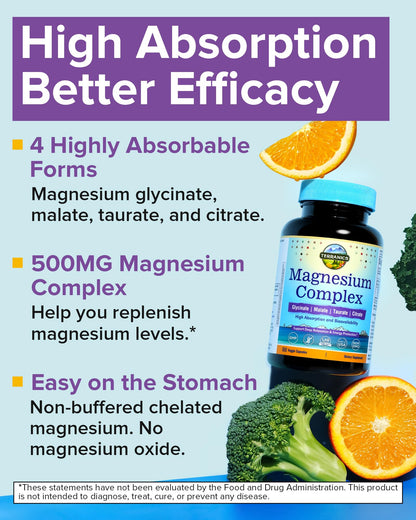 Terranics Magnesium Complex 500mg, Glycinate, Malate, Taurate, Citrate, Chelated Purified Easily Absorbed Magnesium Supplement for Sleep, Heart, Energy, Digestion Support, 60 Capsules Terranics buy supplements Au