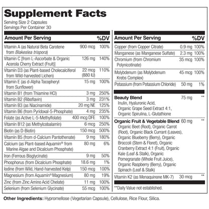 NATURELO Whole Food Multivitamin with Extra Hair, Skin and Nails Support - Beauty Blend with Hyaluronic Acid & Grape Seed - High Potency Biotin, Vitamin C