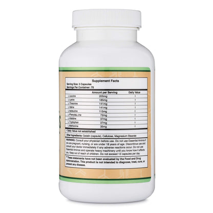 Essential Amino Acids - 1 Gram Per Serving Powder Blend of All 9 Essential Aminos (EAA) and All Branched-Chain Aminos (BCAAs) (Leucine, Isoleucine, Valine) 225 Capsules, Gluten Free by Double Wood Double Wood Supplements buy supplements Au