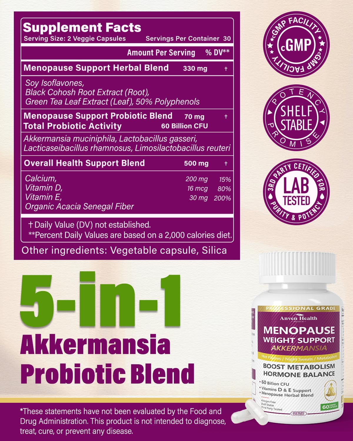 Anven Health Menopause Supplements for Women 60 Billion with Akkermansia Probiotic & Prebiotic, Vitamin D & E for Hormone Balance, Metabolism, Gut Health, Hot Flashes - Non-GMO | 120 Caps Anven Health buy supplements Au