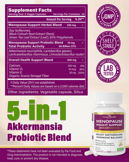 Anven Health Menopause Supplements for Women 60 Billion with Akkermansia Probiotic & Prebiotic, Vitamin D & E for Hormone Balance, Metabolism, Gut Health, Hot Flashes - Non-GMO | 120 Caps Anven Health buy supplements Au