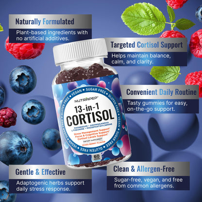 NutraPep Cortisol Gummies for Women Men - 13-in-1 High Cortisol Reducer with Ashwagandha Magnesium L-theanine Rhodiola Rosea - Daily Cortisol Detox Manager for Stress Focus Support - Vegan Sugar Free